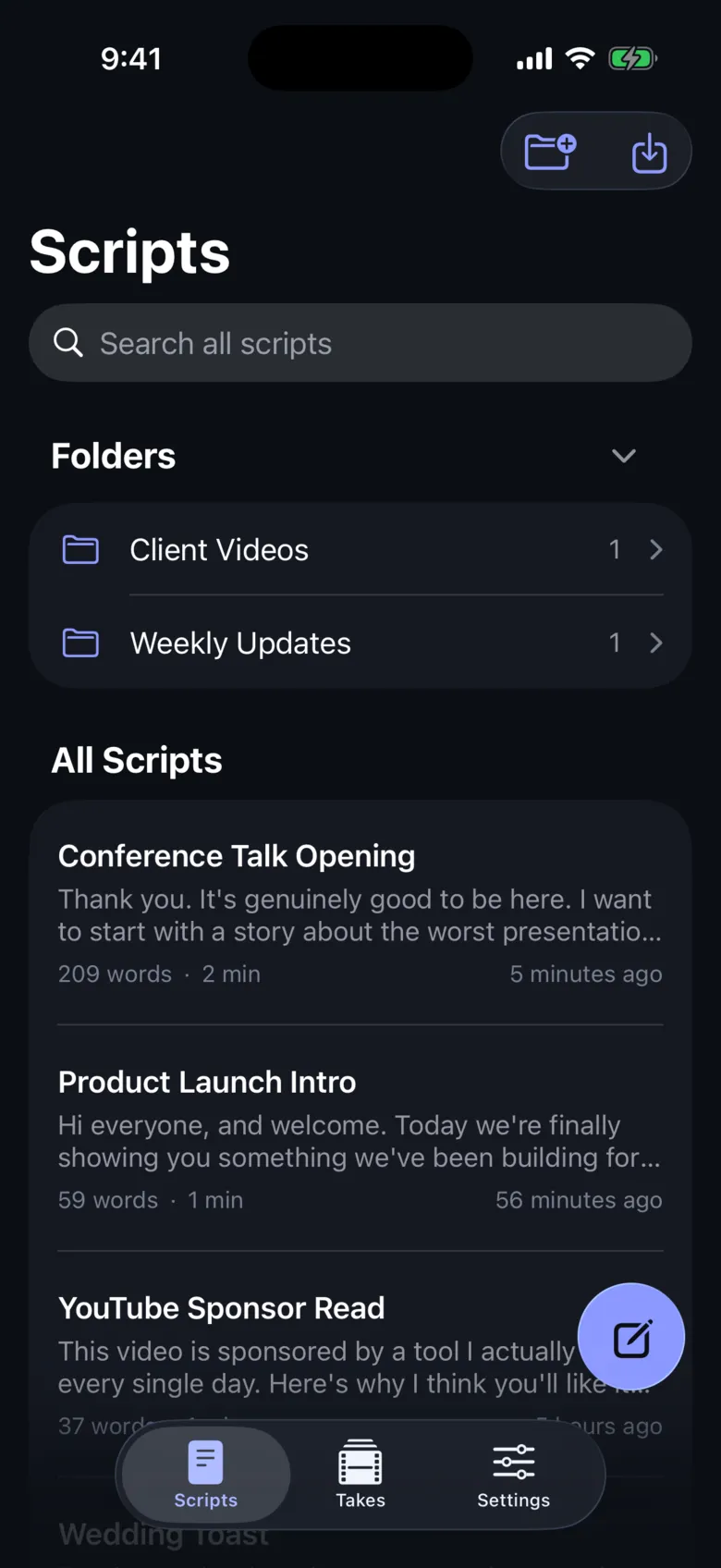Teleprompter: Voice Follow: Scripts, organised